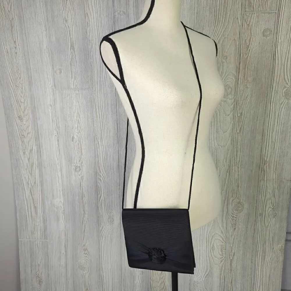 Carolyne Barton Night Crossbody Shoulder Purse Black Satin Flower Front Ribbon